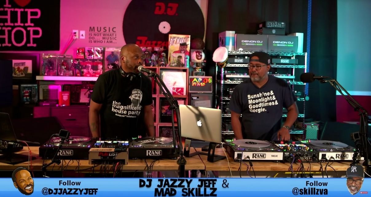 dj jazzy jeff livestreaming from his studio, talking into a mic