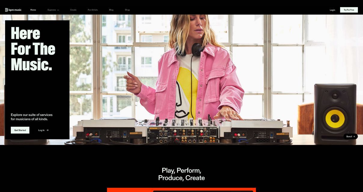 Screenshot of the BPM Supreme/BPM Music homepage. A blonde, long-haired DJ in a light pink jacket mixes music on a professional CDJ set-up inside a brightly lit room. In bold white lettering on the left it says "Here for the music". 