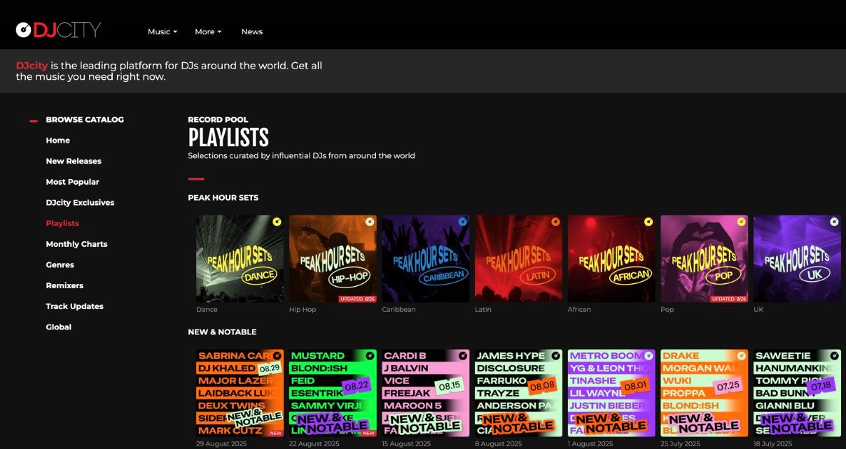 Screenshot of DJcity homepage featuring curated playlists for DJs, highlighting genres like Hip-Hop, Latin, and Pop. 