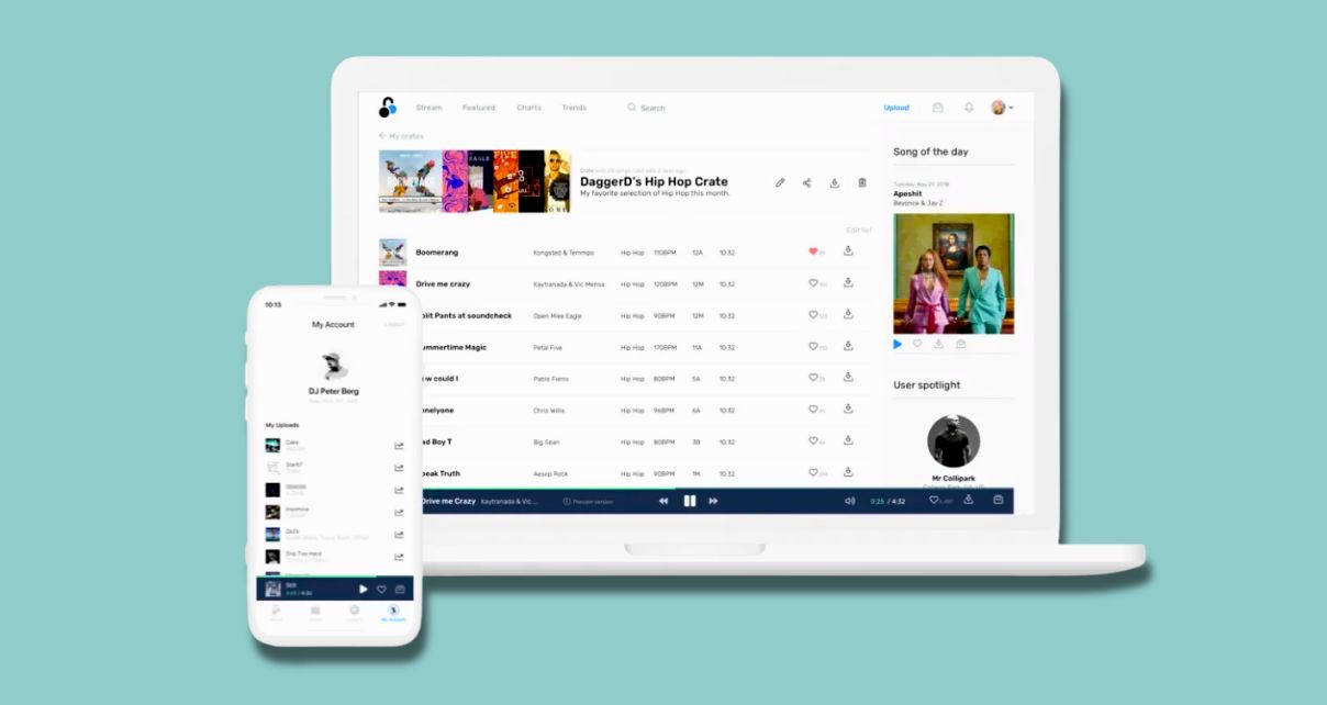 A smartphone and laptop display the Digital DJ Pool download service, featuring playlists and song details against a pastel background.