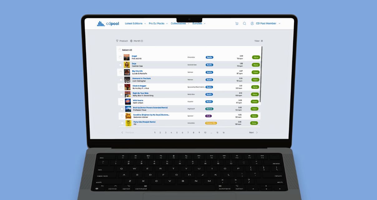A laptop sitting against a cool blue background displays the CD Pool interface listing new music tracks with details like title, artist, genre, and tempo. 