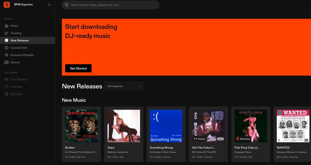 Screenshot of BPM Supreme's download platform with a bold red banner promoting DJ-ready music downloads and a section for new releases. 