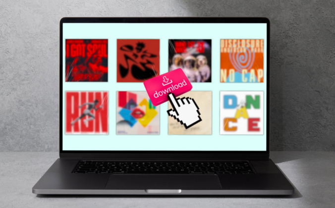 A silver laptop sits against a grey concrete background. There is a design displayed on the laptop screen: a retro hand icon and a red-and-white-coloured download icon sit at the centre. Behind it are various blurred track singles against a pale blue background.
