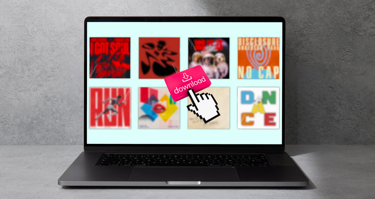 A silver laptop sits against a grey concrete background. There is a design displayed on the laptop screen: a retro hand icon and a red-and-white-coloured download icon sit at the centre. Behind it are various blurred track singles against a pale blue background.