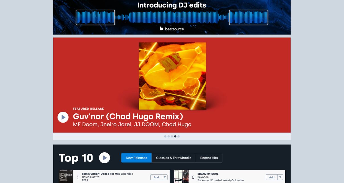 Homepage of the Beatsource download store for DJs