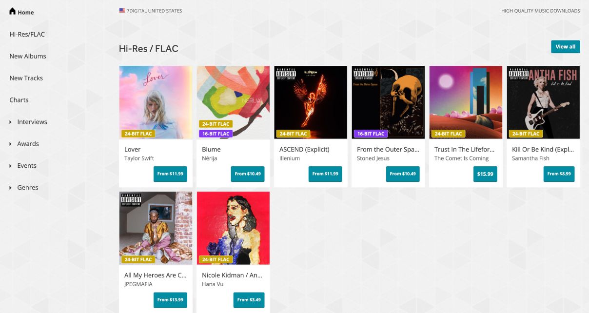 Front page of 7digital download store