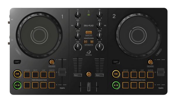 A black AlphaTheta DDJ-FLX2 controller with orange and green LED buttons on a white background