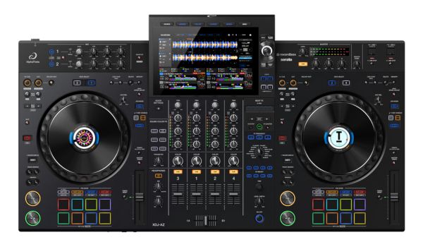 Top-down view of a black AlphaTheta XDJ-AZ standalone unit on a white background.