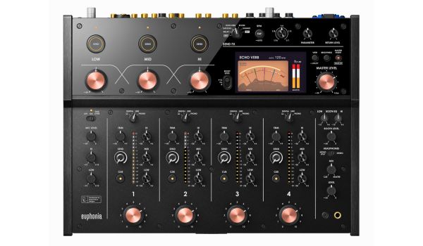 The front of a black AlphaTheta Euphonia mixer, with a retro analogue-looking VU meter top right and large copper-looking rotary knobs across the unit.