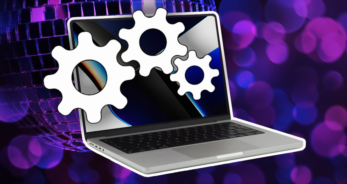A floating silver laptop against a dark purple and blue disco ball background. On top of the laptop are three white cog graphics.