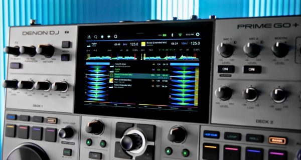 A silver Denon DJ Prime Go+ standalone unit against a blue background.