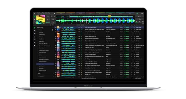 Engine DJ software on a silver laptop.