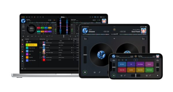 Djay Pro software displayed on a laptop, tablet, and smart phone.