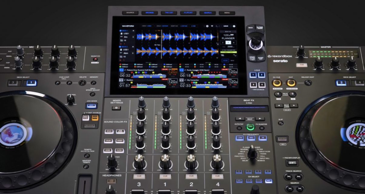 Zoomed in view of the black AlphaTheta XDJ-AZ standalone DJ unit.