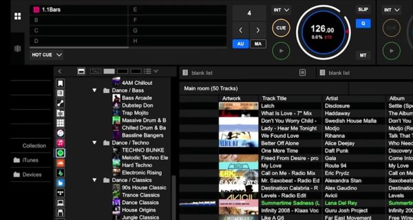Screengrab of Rekordbox DJ software, showing various streaming service integrations on the left, and a music library on the right. 