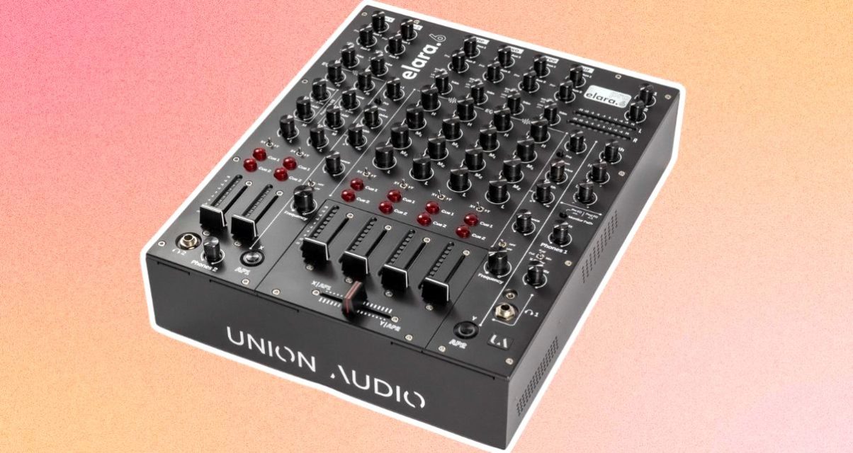 Angled view of a black Union Audio elara.6 club DJ mixer against an orange-red gradient background