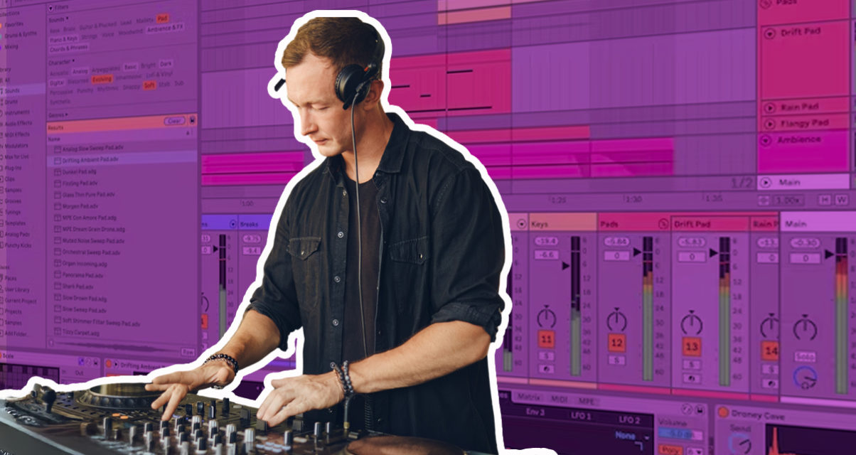 Cut out of a white man in a black button-up shirt, DJing against an Ableton Live backdrop with a purple overlay filter.