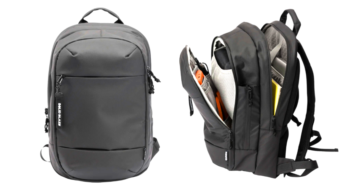 On the left is the front of a black Magma Solid Blaze 80 backpack. On the right is the side view of the same backpack with unzipped compartments, showing various items inside. The background is transparent.