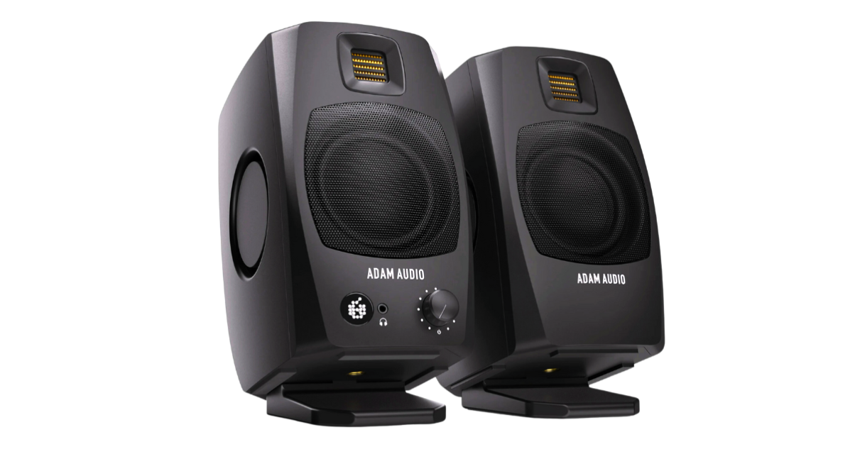 A pair of black Adam Audio D3V desktop speakers, angled, against a transparent background.