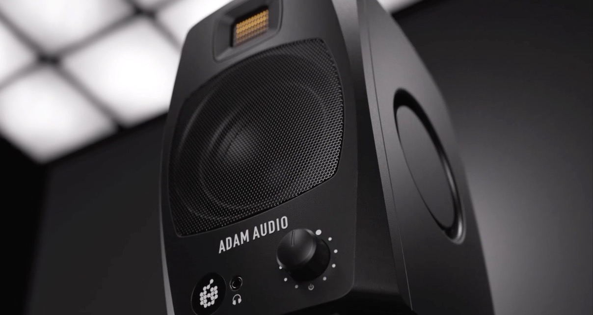 A shot taken from the bottom front of a black D3V speaker. 
