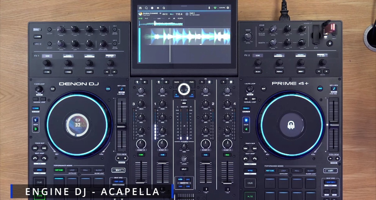 Top-down view of the Denon DJ Prime 4+ standalone unit, with Engine DJ on the screen. On the bottom left is test that reads "Engine DJ - Acapella". 