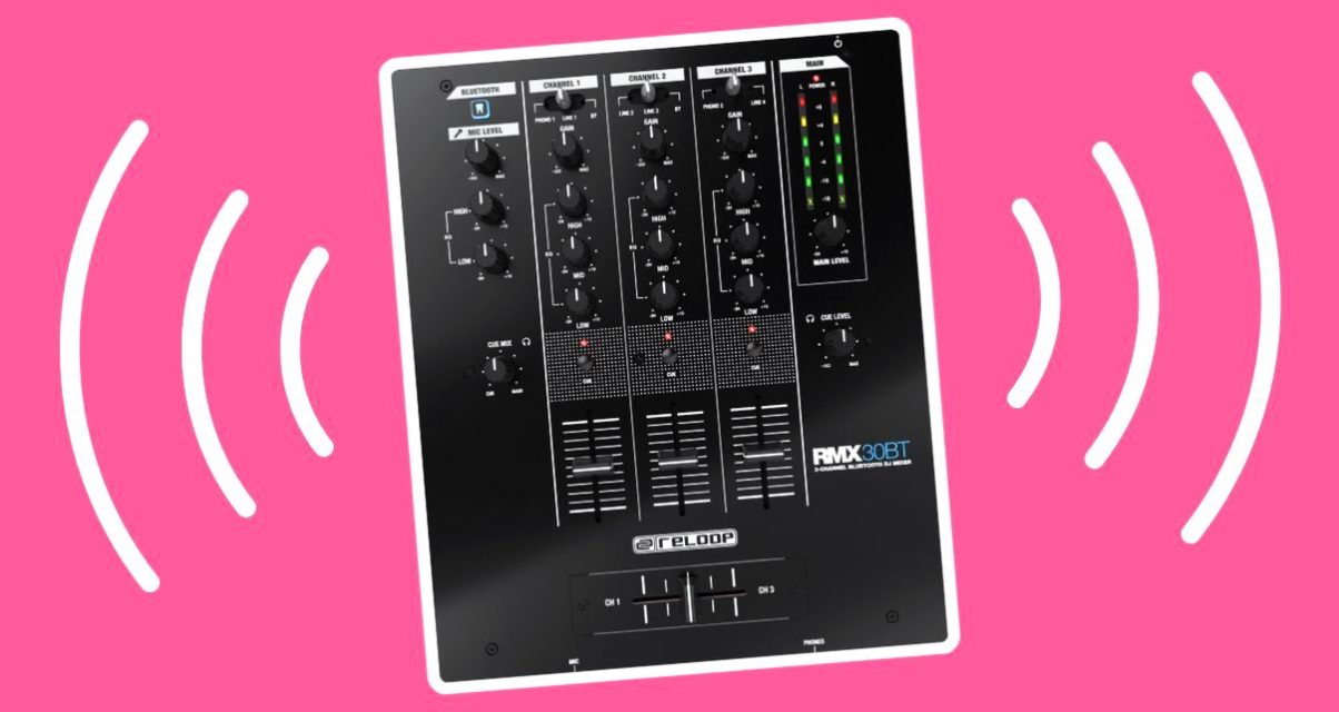 A black Reloop RMX-30 BT 3-channel DJ mixer sits in the middle of the photo, with all four sides outlined in white. The background is a dark pink, and to each side of the mixer are curved white lines going outward, like a signal.
