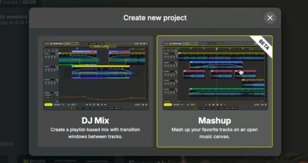 A software screen pop-up box that reads "Create new project" at the top. There are two choices shown beneath that title: on the left you can choose to make a DJ mix, and on the right you can choose to make a mashup. Both options have a small picture showing the different layouts. 