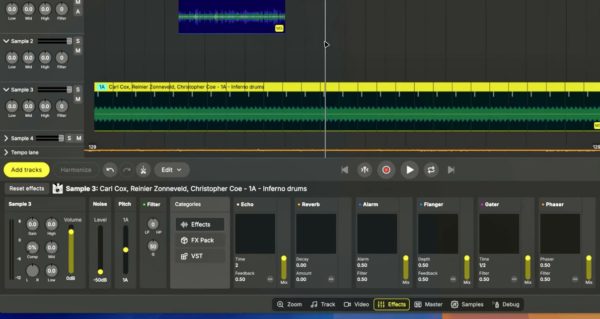Zoomed in screen view of the FX section along the bottom. 