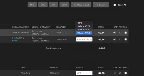 Zoomed in view of an order screen. There's a drop down menu showing different music file format. FLAC is highlighted in blue. 