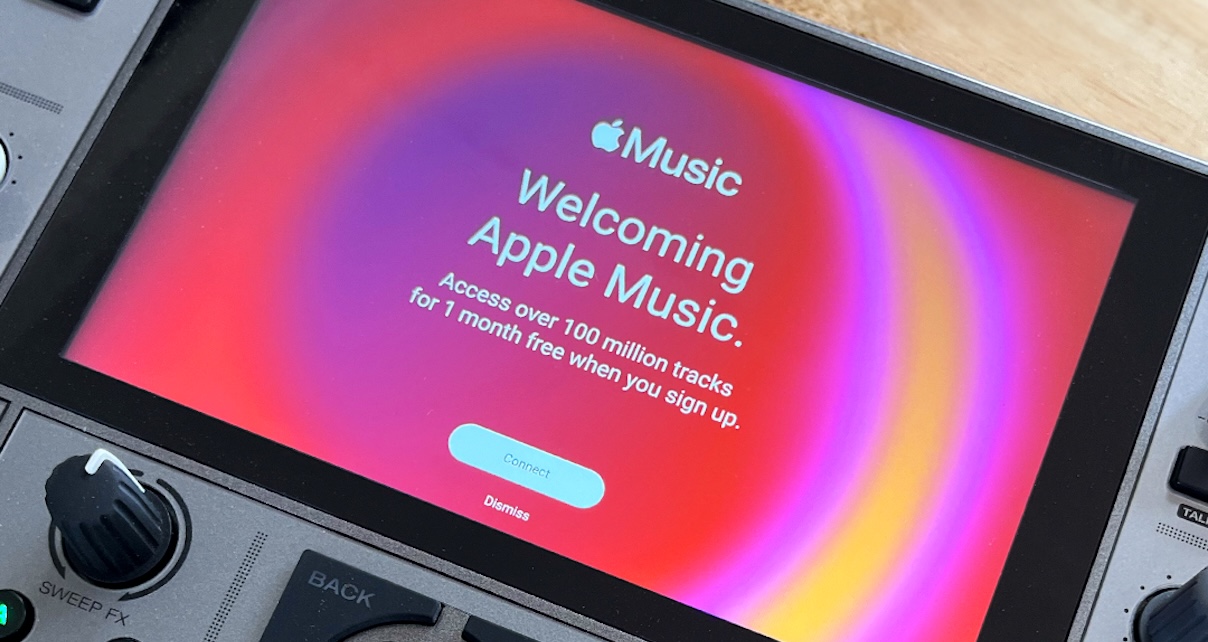 Apple Music welcome screen displayed on a Numark Mixstream Pro Go, showing the prompt to connect and access over 100 million tracks.