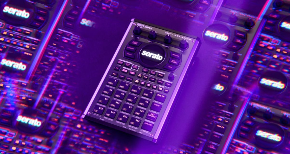 A graphic including one Roland SP-404MKII graphic in the centre, displaying the Serato DJ logo. It is surrounded by a bunch of semi-transparent copies. Everything is covered in purple, pink, and black hues.