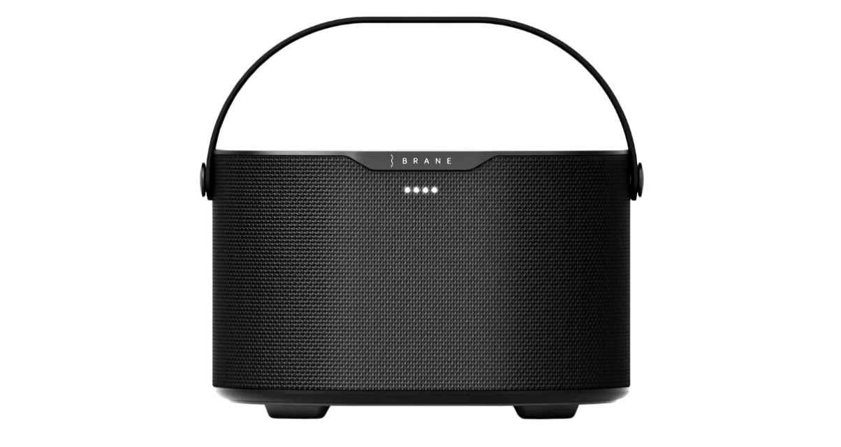 A black Brane X portable speaker on a transparent background.