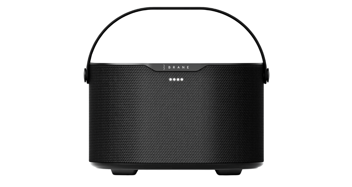 A black Brane X portable speaker on a transparent background.