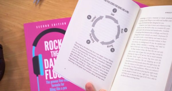 Two books on a wooden desk. The one on the left is a partially obscured cover, and the one on the right is opened to a page with a circular diagram.