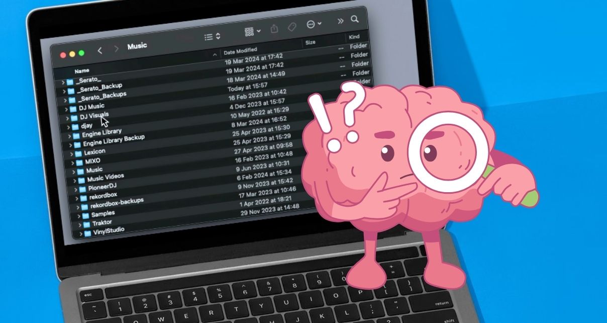 Close-up of a silver laptop against a light blue background. It's displaying a Music folder. In the foreground, there is a pink cartoon brain holding a white magnifying glass with a green handle. The cartoon looks through the magnifying glass and appears confused. There is an exclamation point and question mark above its right eyebrow.