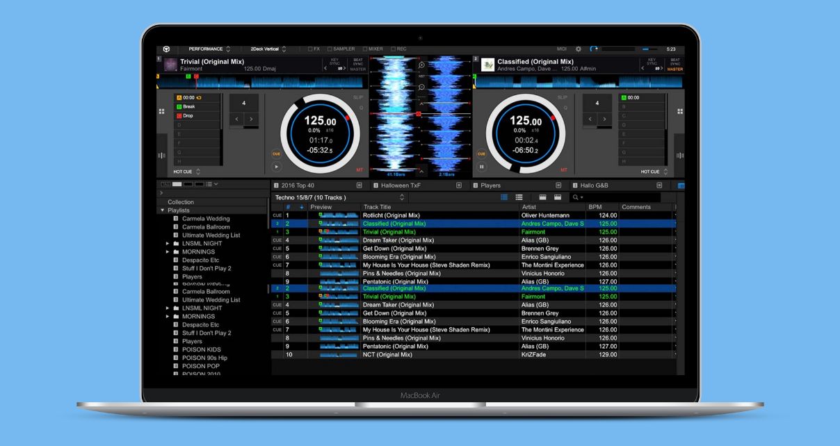 A silver laptop displaying Rekordbox DJ software against a light blue background.