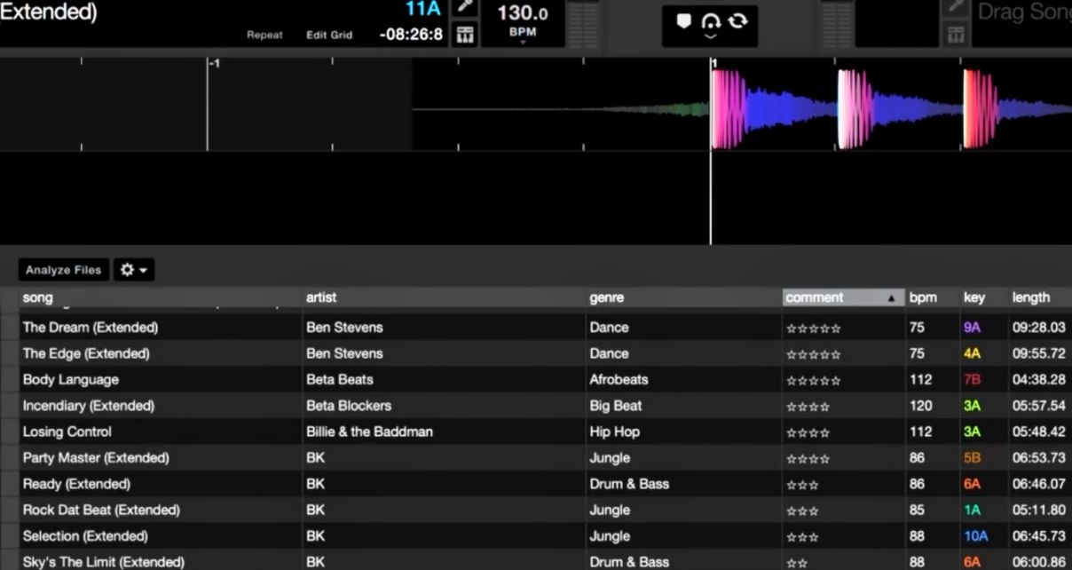The music library view in Rekordbox DJ software. You can see columns like Song, Artist, Genre, and so on. 