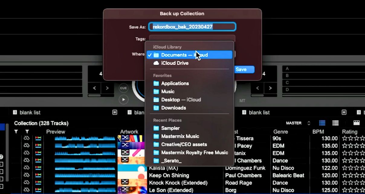 A pop up box that says "Back up Collection". There are a variety of folders to choose from in a dropdown menu. 