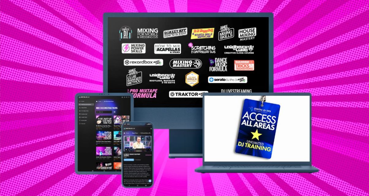 A desktop monitor, tablet, smartphone, and laptop are displaying various aspects of Access All Areas from Digital DJ Tips. The background is light and dark pink with comic book style lines.