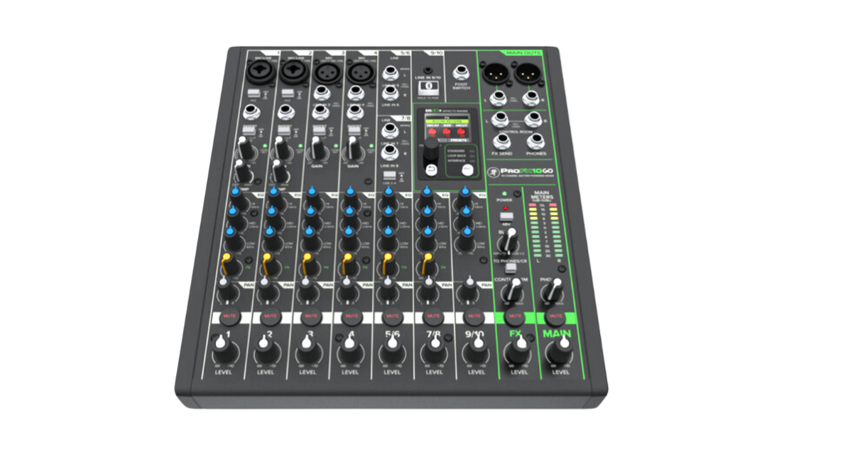 Top-down angled view of a black Mackie ProFX10 Go mixer on a transparent background.