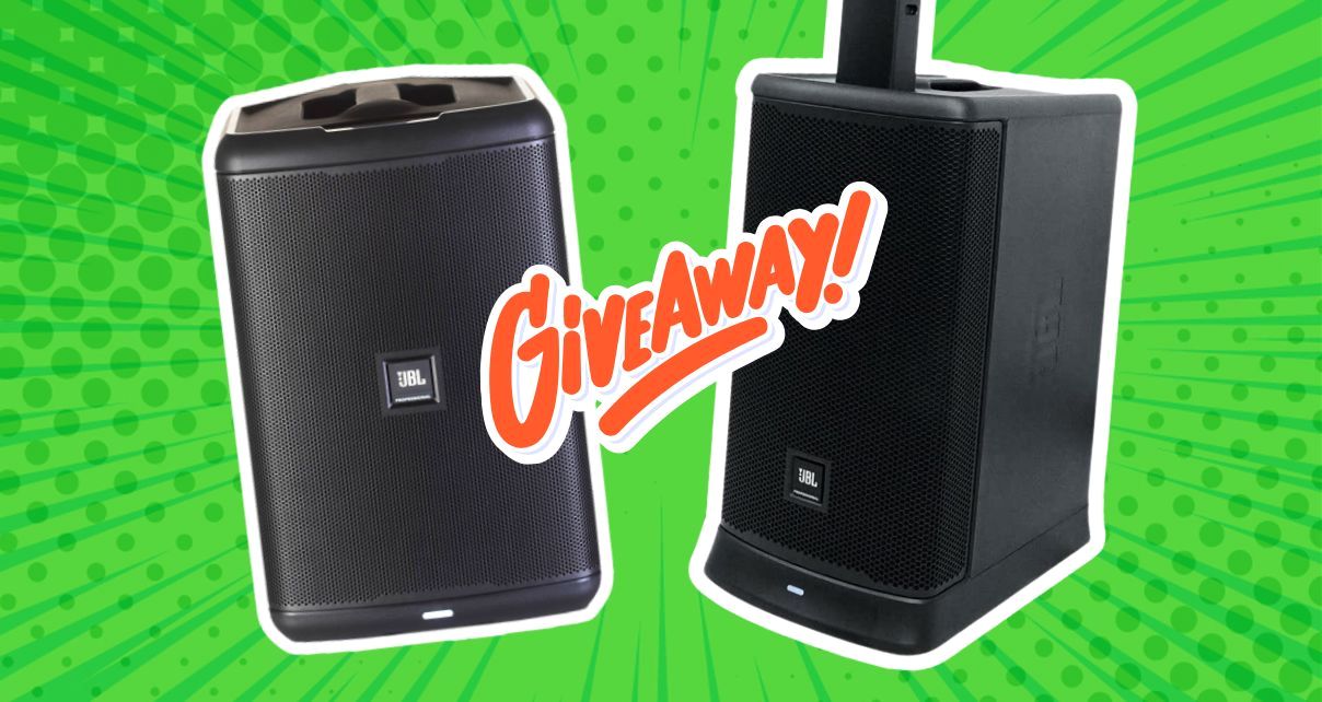 Two black JBL PA speakers outlined in white trim, against a comic book burst-style, lime green background. The word "giveaway!" is written across the two speakers in bright orange.