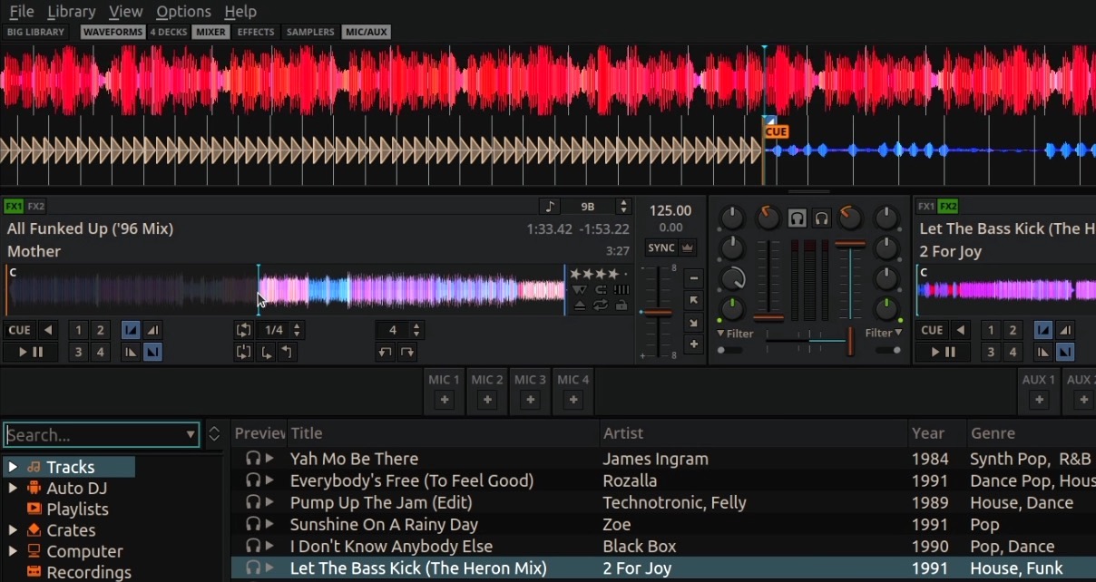 Close-up of the waveforms on deck 1 in Mixxx DJ software. The waveforms appear to be quite large and a highly saturated shade of red.