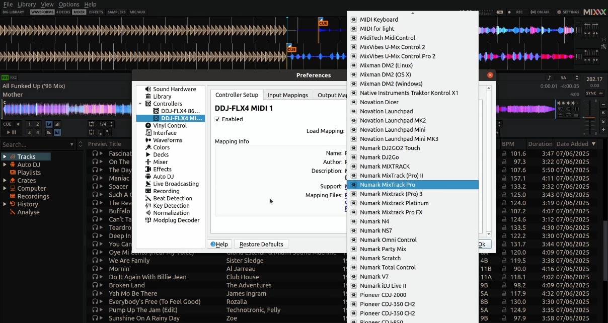 The Preferences menu of Mixxx DJ software. The menu tree is highlighting various mappings for DJ controllers.
