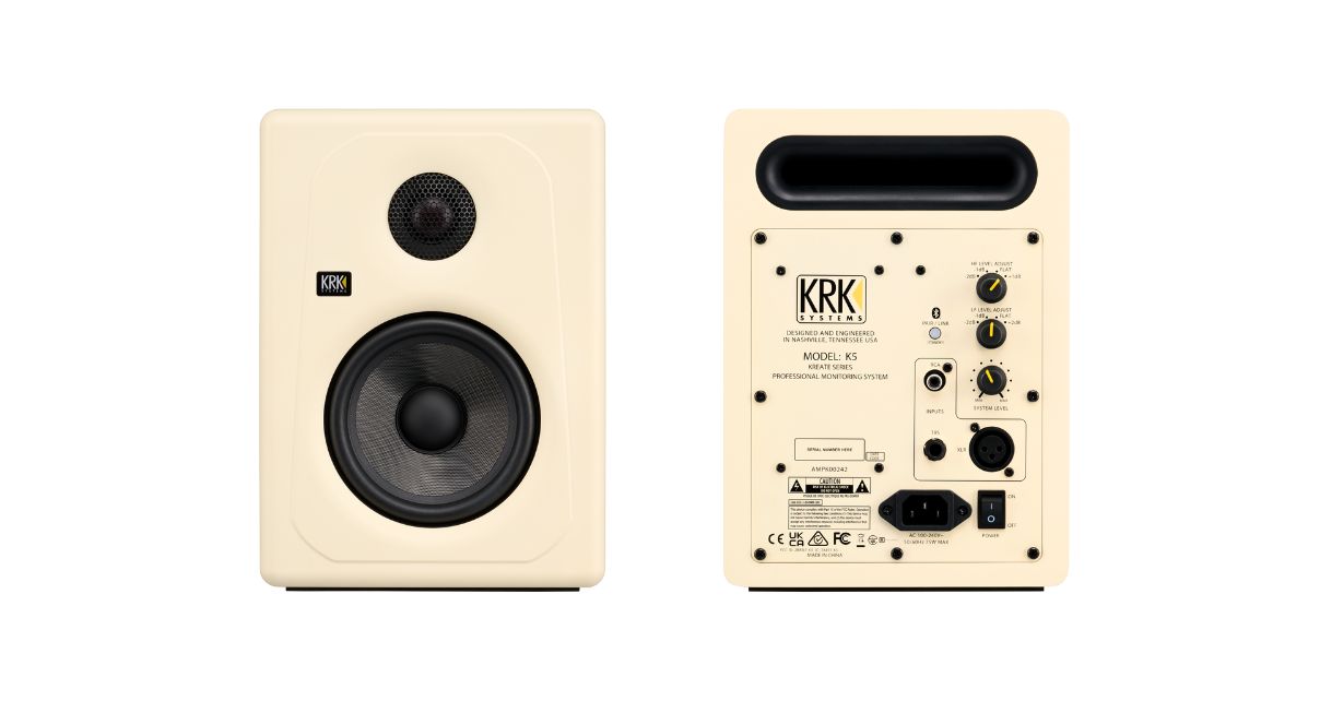 The front and back view of KRK five-inch Kreate monitors in latte and black colouring against a white background. 