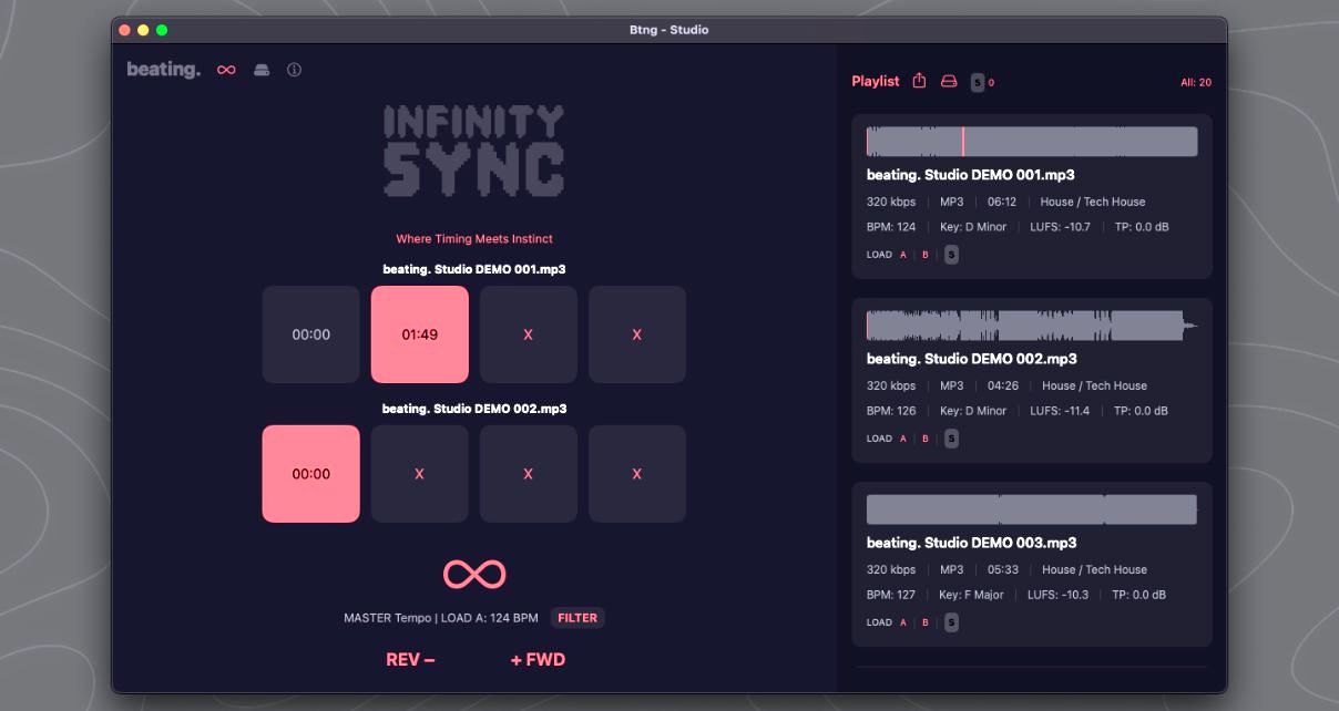 The "beating." DJ software app on Mac OS. The display shows a feature called Infinity Sync in a black, white, grey, and light red colour scheme.