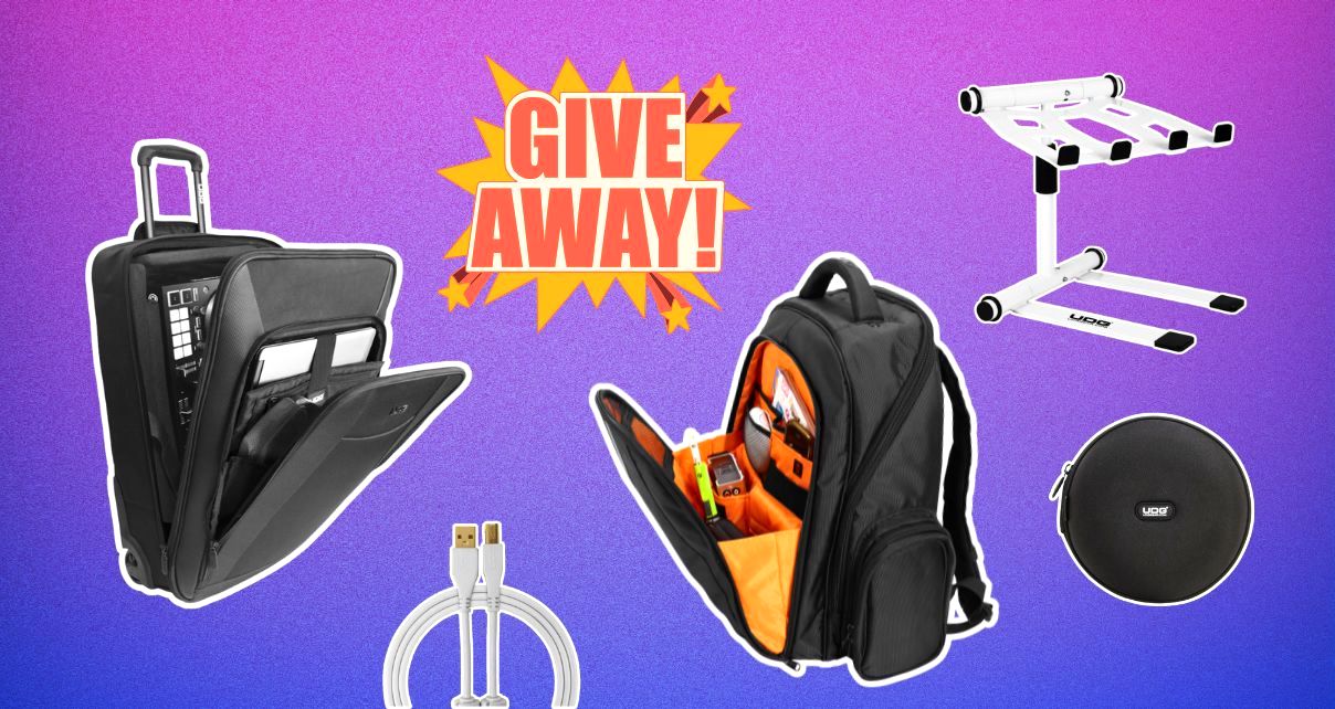 Five different cut outs of various UDG accessories float against a pink, purple and blue gradient background. The comic book-style text says "Giveaway!" in orange lettering.