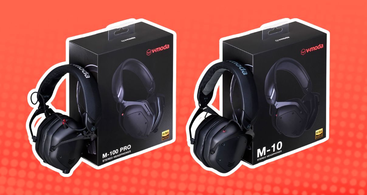 Two black V-MODA headphone models, M-100 PRO and M-10, displayed beside their packaging against a vibrant light red background.