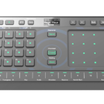 AlphaTheta Chordcat Portable Groovebox A Toraiz Chordcat portable music production groovebox in light grey, green, and blue colours against a transparent background.