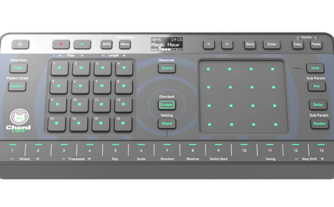 A Toraiz Chordcat portable music production groovebox in light grey, green, and blue colours against a transparent background.