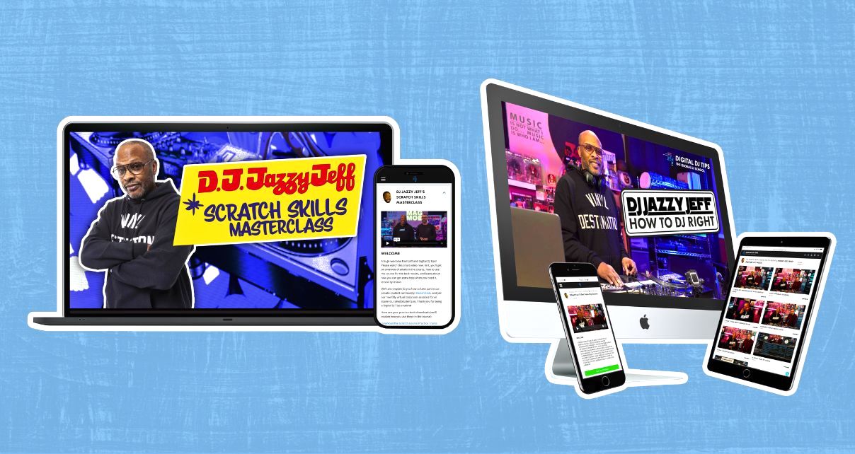 A digital collage featuring DJ Jazzy Jeff's two courses with us - DJ Jazzy Jeff's Scratch Skills Masterclass and DJ Jazzy Jeff's How To DJ Right - displayed across various devices against a light blue background.